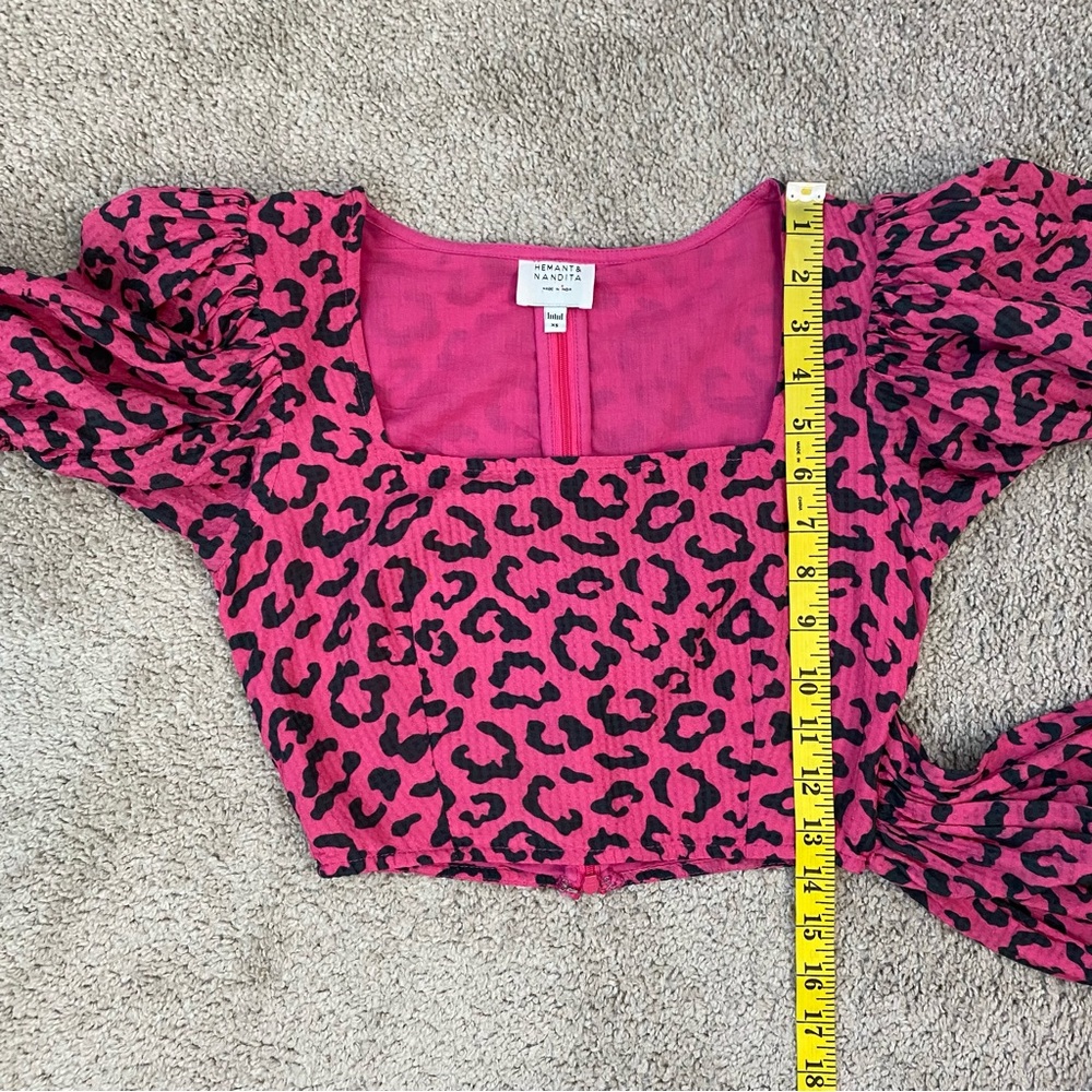 Hemant &‎ Nandita Puff Sleeve Crop Top Side Sash Pink Leopard Print XS - Picture 9 of 9